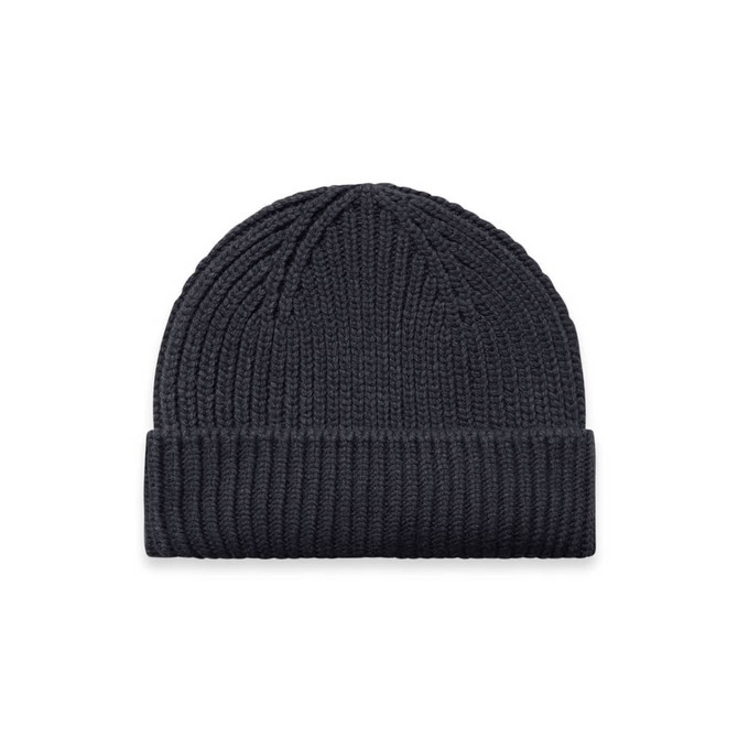 A dark navy beanie with a ribbed texture and folded cuff, featuring a small logo on the side.