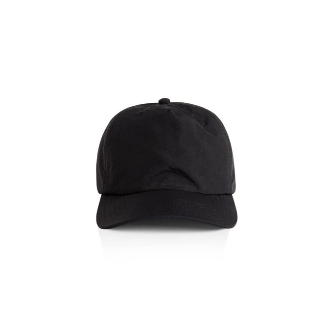 A black cap featuring a rounded peak and adjustable strap, complete with a logo on the front.