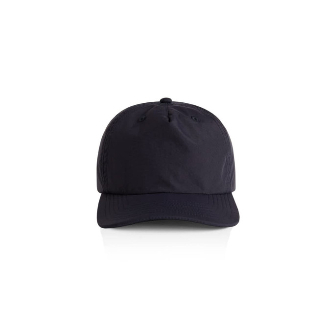 A navy blue cap with a rounded peak and an adjustable strap at the back, featuring a logo.