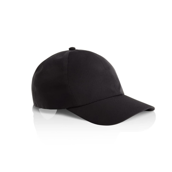 A black cap with a curved brim and a rounded crown, featuring a small logo on the side.