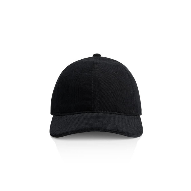 A black cap with a curved brim and a rounded top, featuring a logo on the front.