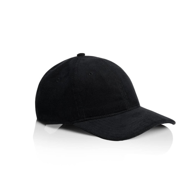 A black cord cap with a curved brim and a logo on the front. The cap has a textured fabric design.