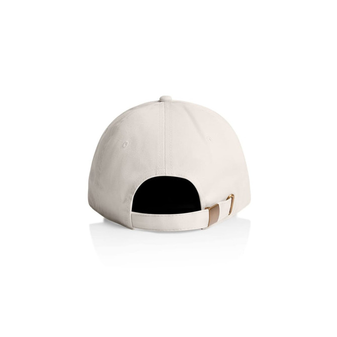 A cream-coloured cap featuring a buckle closure at the back and a logo.