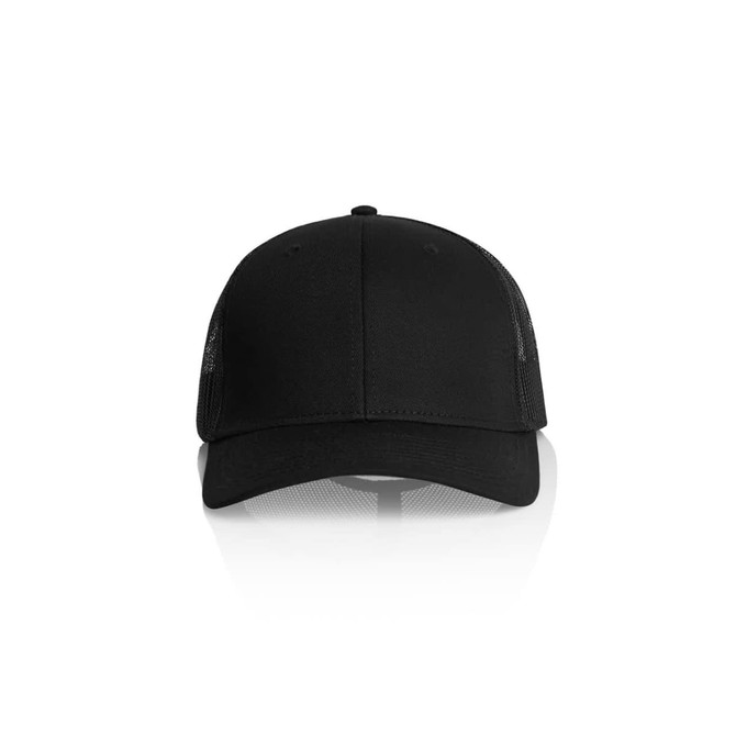 A black trucker cap with a solid front panel and mesh sides, featuring a logo on the front.