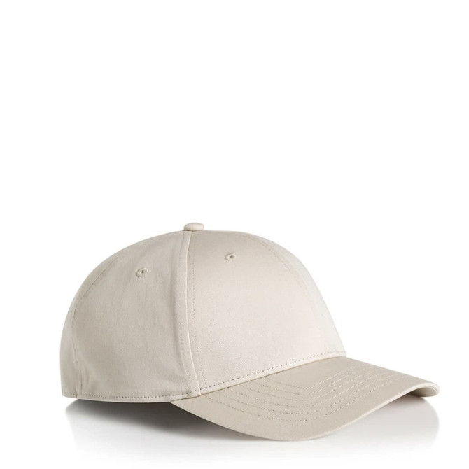 A beige cap featuring a curved brim and a logo on the front.