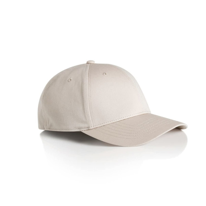 A beige cap with a rounded crown and a curved brim, featuring an adjustable strap and a logo.