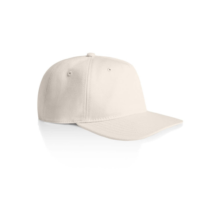A cream-coloured cap with a structured design and a logo on the front.