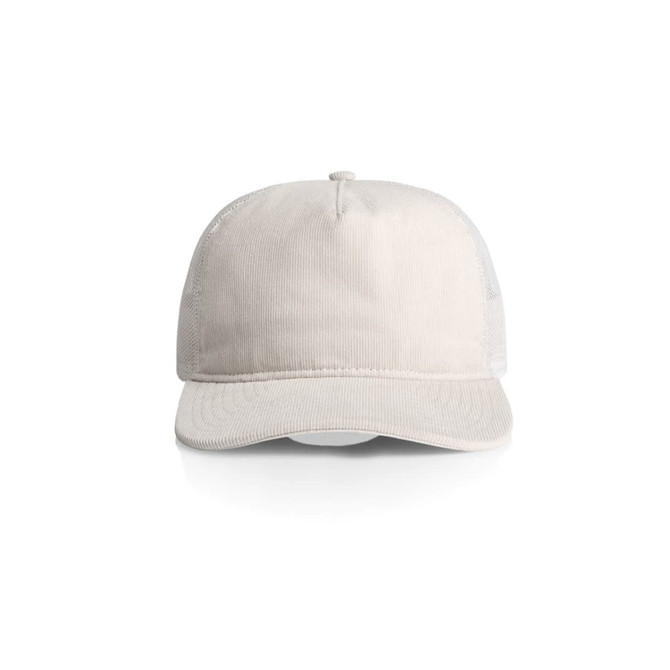 A beige trucker cap with a mesh back and a logo on the front.