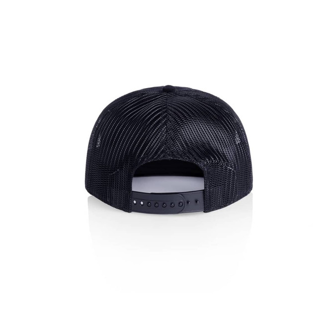 A black trucker cap with a mesh back and adjustable snap closure. Features a logo on the front.