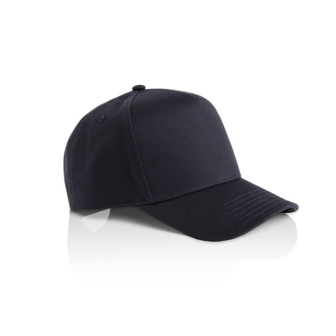 A dark navy cap with a structured design and curved peak, featuring a logo on the front.