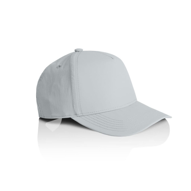 A grey nylon cap with a flat brim and a logo on the front, angled to one side against a white background.