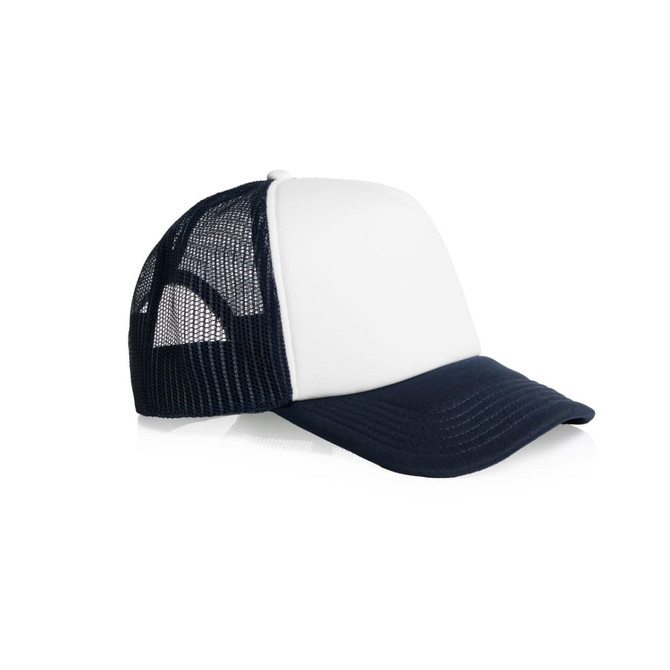 A two-tone trucker cap featuring a white front panel and navy blue bill and mesh sides. The cap has a logo.