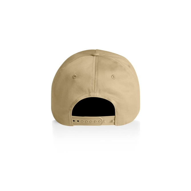 A beige cap featuring a back closure with snap adjustments and ventilation holes. It has a logo on the back.