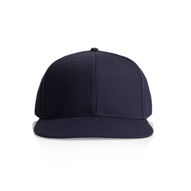 A navy blue canvas cap with a structured design and a front panel. Features a logo on the front.