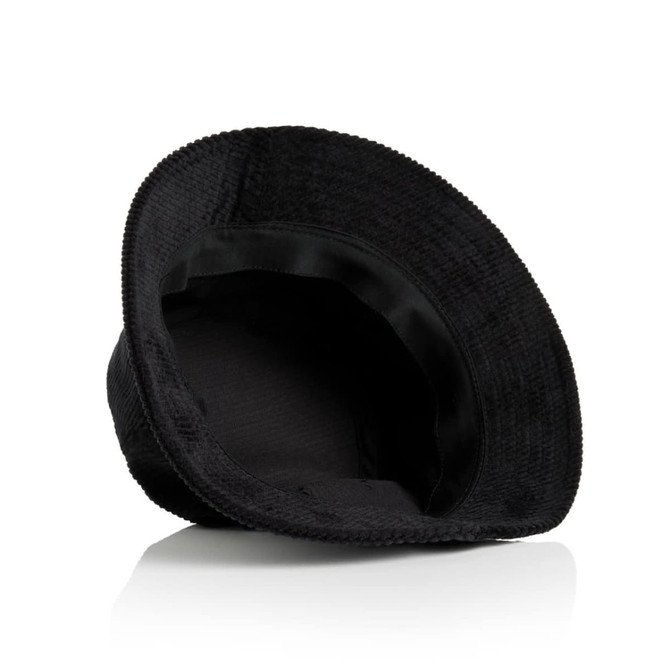 A black bucket hat featuring a textured fabric and a soft inner lining, with a logo on the exterior.