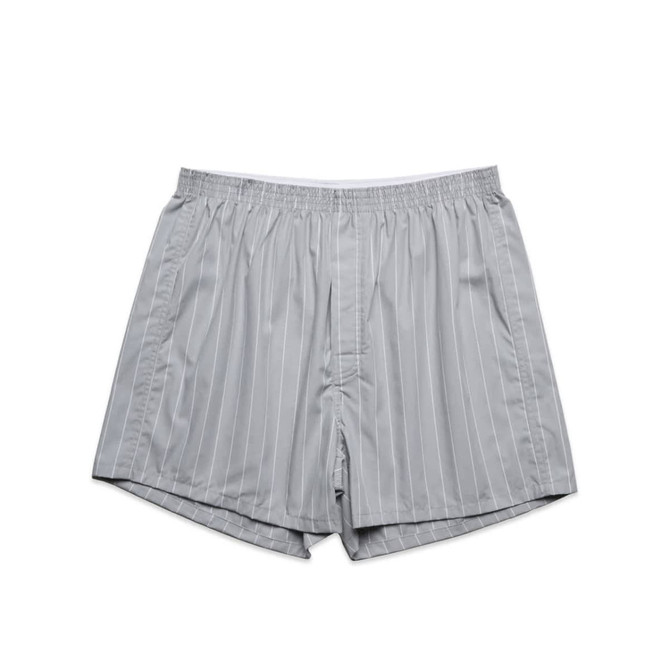 Boxer shorts in a fine grey stripe design, featuring an elastic waistband and loose fit. Includes branding on the waistband.