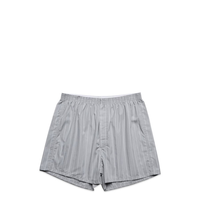 Striped grey boxer shorts with an elastic waistband and a front opening. The product features a logo.