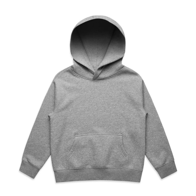 A grey hoodie with a kangaroo pocket and a lined hood. It features a logo on the front.
