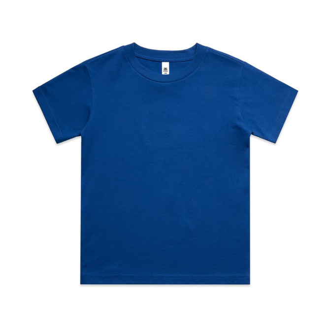 A blue youth classic tee with a crew neck and short sleeves, featuring a logo on the tag.