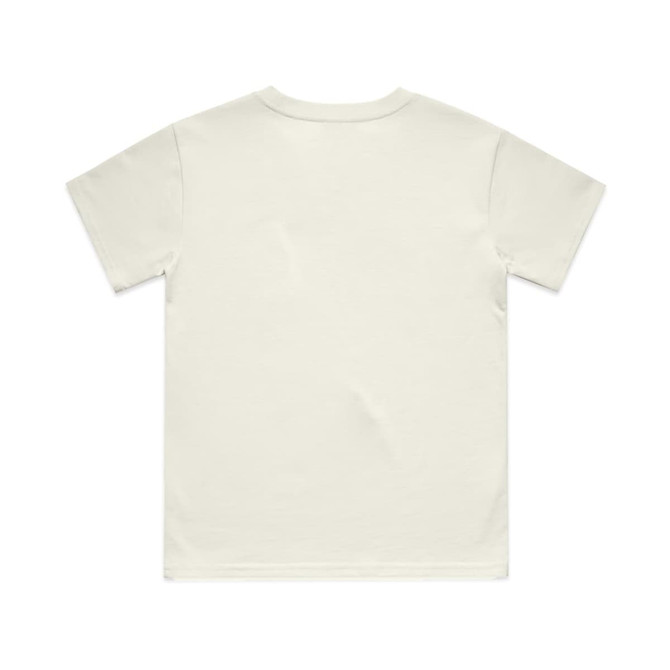 A plain white youth classic tee with a crew neckline and short sleeves, featuring a logo on the back.