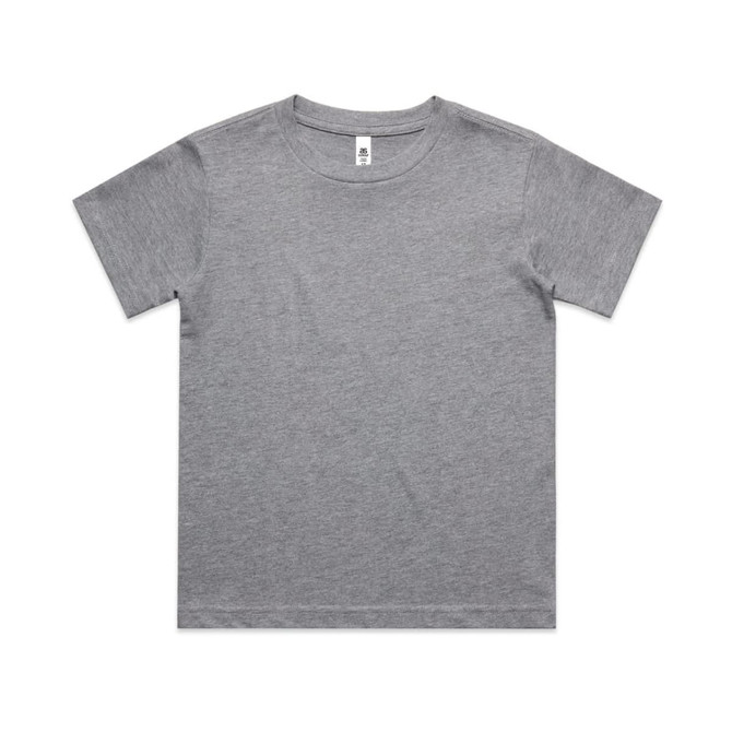 A grey youth classic tee with a simple design and short sleeves. The shirt features a logo on the label.