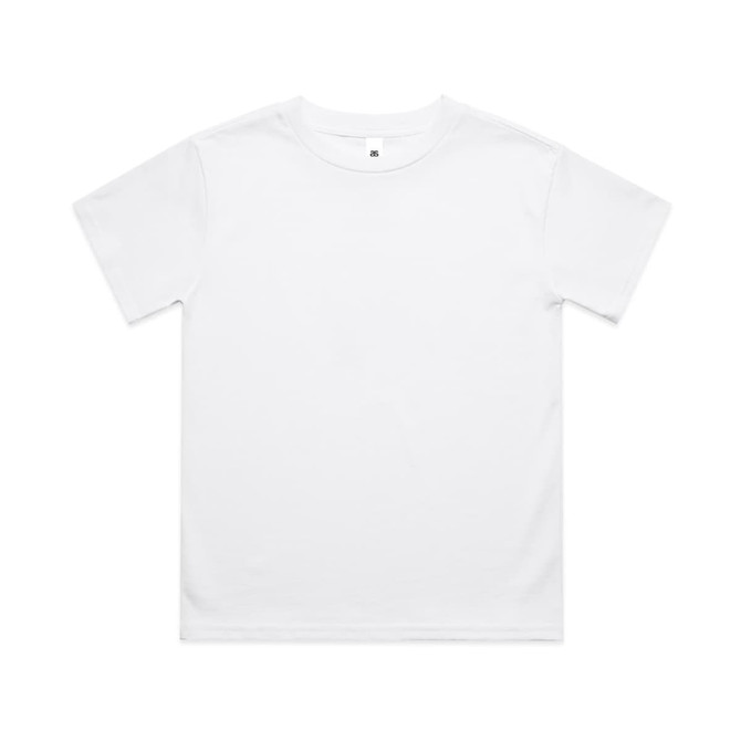 A white Youth Classic Tee with a crew neckline, featuring a logo on the inside label.