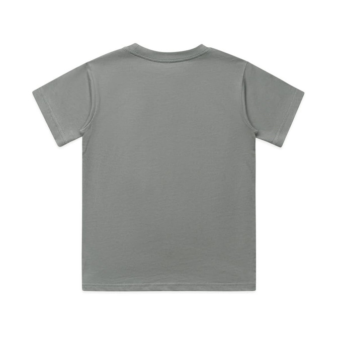 A back view of a grey youth classic tee, featuring short sleeves and a plain design. The shirt has a logo.