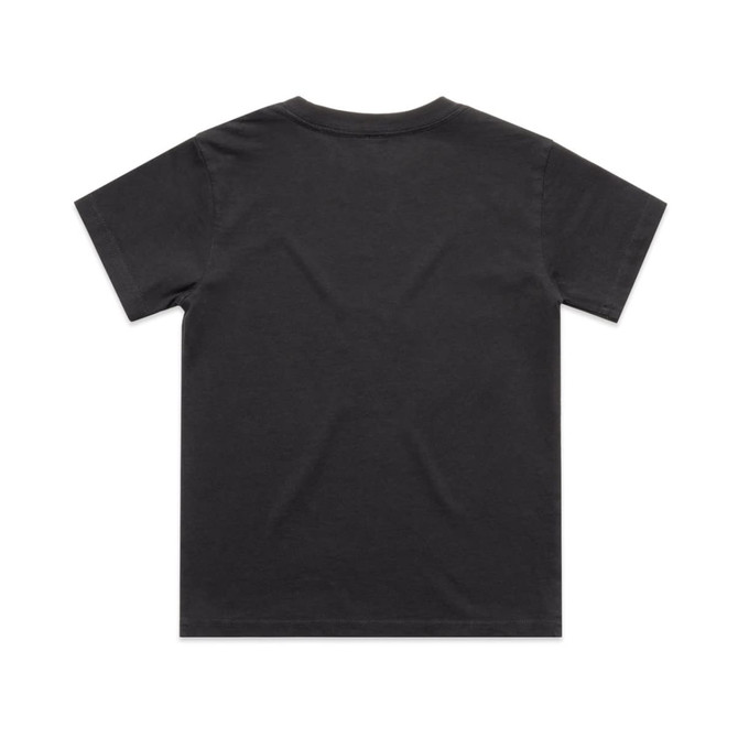 A faded black kids' t-shirt with a classic short sleeve design and a simple logo on the front.