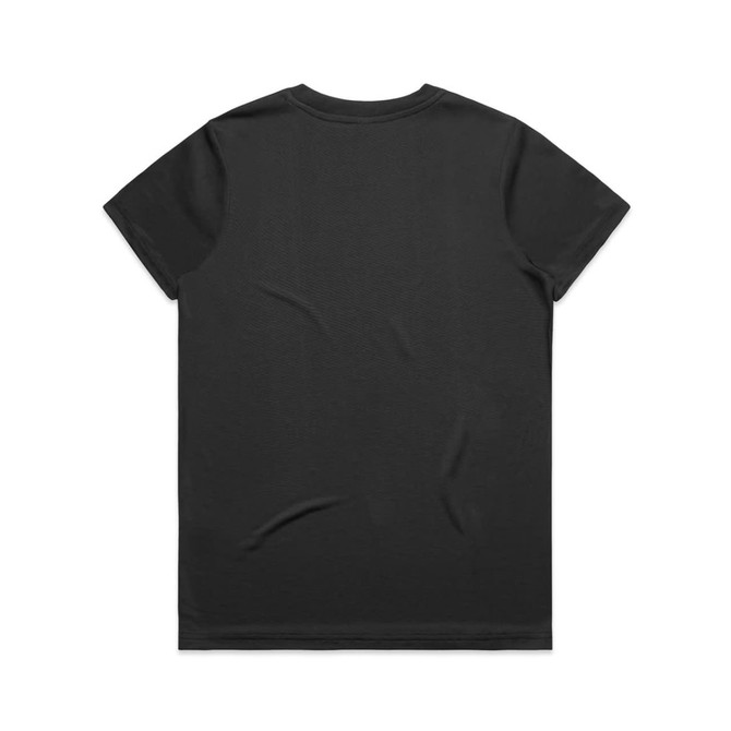 A black T-shirt featuring a simple design and a logo. Suitable for casual wear.