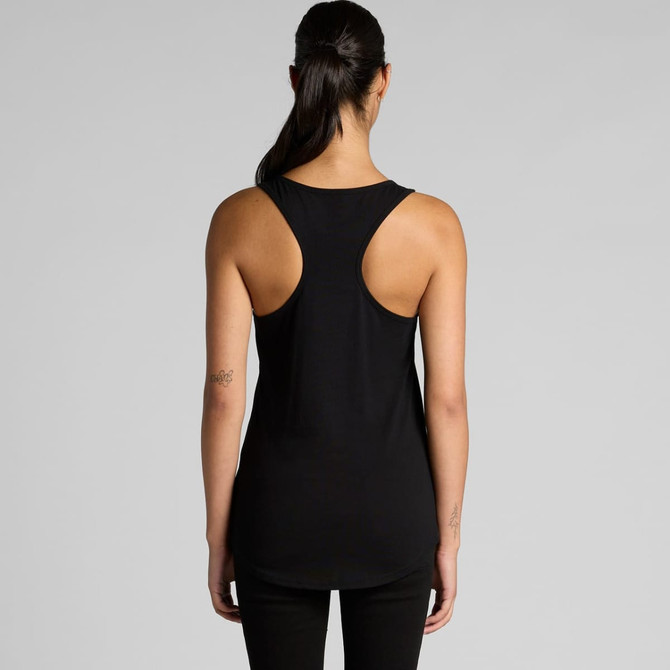 A black racerback singlet shirt with a long cut, featuring a logo on the back.