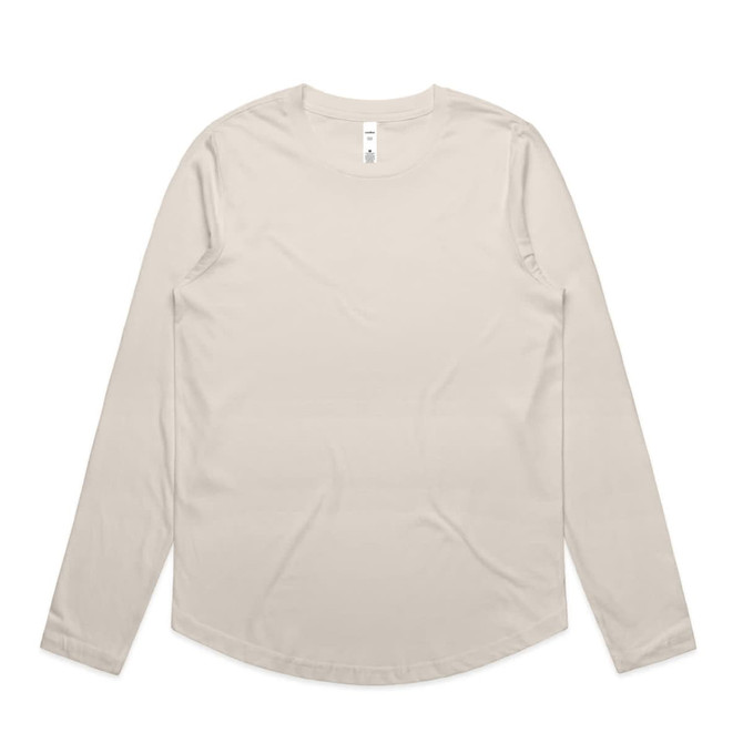 A long-sleeved, cream-coloured t-shirt with a round neckline and a logo on the label.