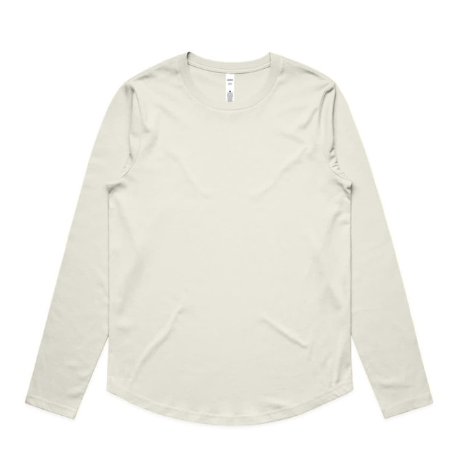 A light grey long-sleeve tee made from soft fabric, featuring a rounded hem and a logo on the label.