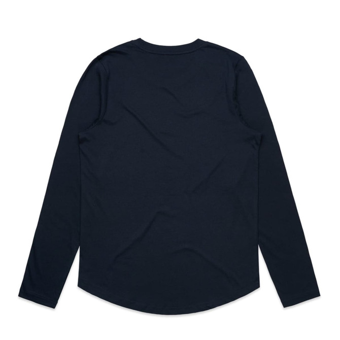 A long-sleeve T-shirt in navy blue with a curved hem and a logo on the back.