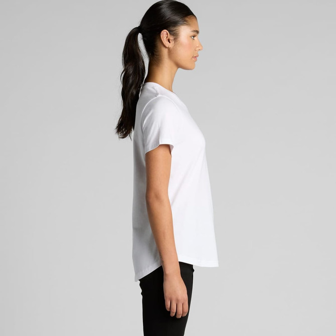 A white t-shirt features a relaxed fit, displayed on a model from the side. The product includes branding.