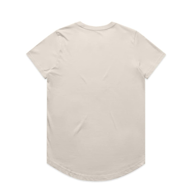A beige T-shirt with a curved hem and short sleeves. The back is plain with no visible branding.
