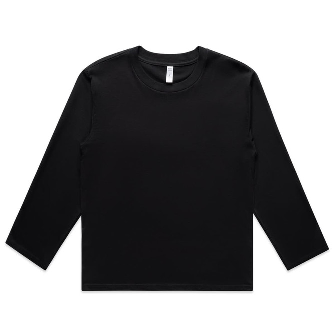 A black long-sleeve t-shirt featuring a round neckline and a minimalist design with a logo.