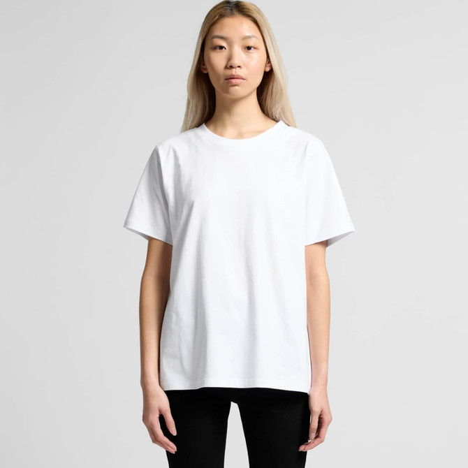 A white t-shirt with a relaxed fit and short sleeves, featuring a logo on the front.