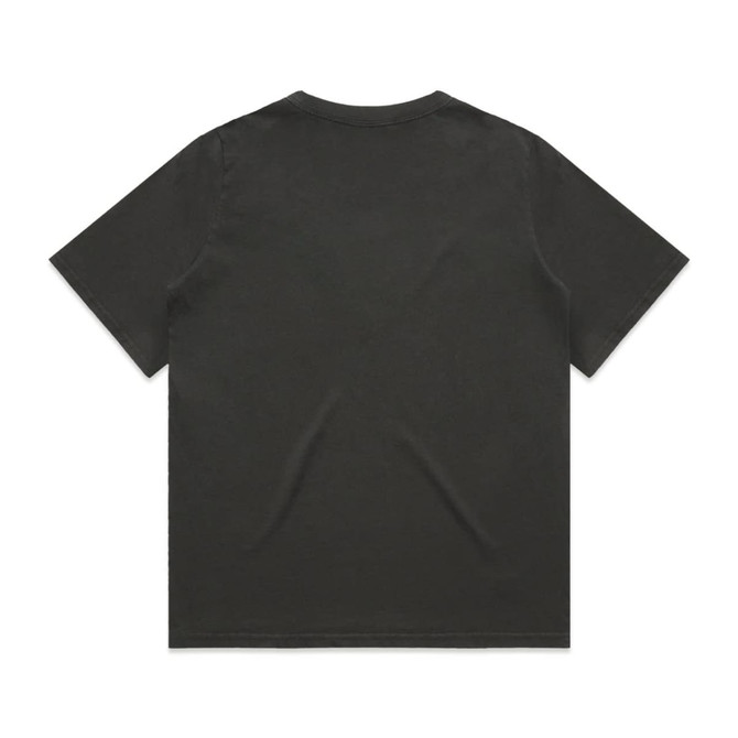 A faded black t-shirt with short sleeves and a casual fit, featuring a logo on the back.
