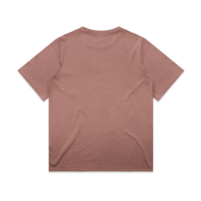 A faded pink t-shirt featuring a loose fit and short sleeves, with a logo on the back.