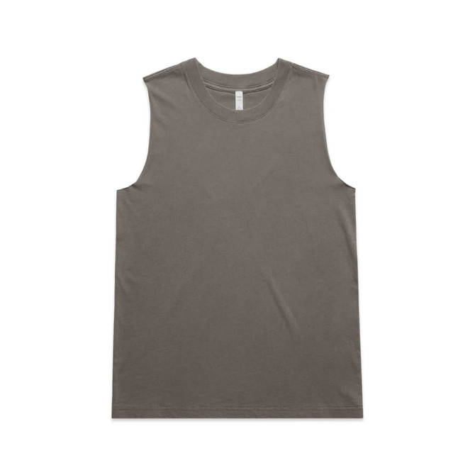 A faded olive green tank top with a sleeveless design and a small logo on the front.