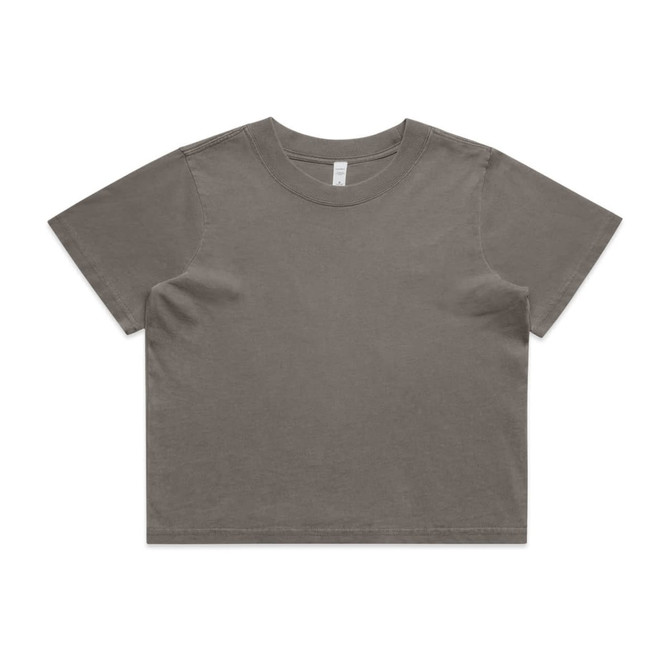 A heavy faded crop tee in olive green, featuring a simple design and short sleeves. Includes a logo.
