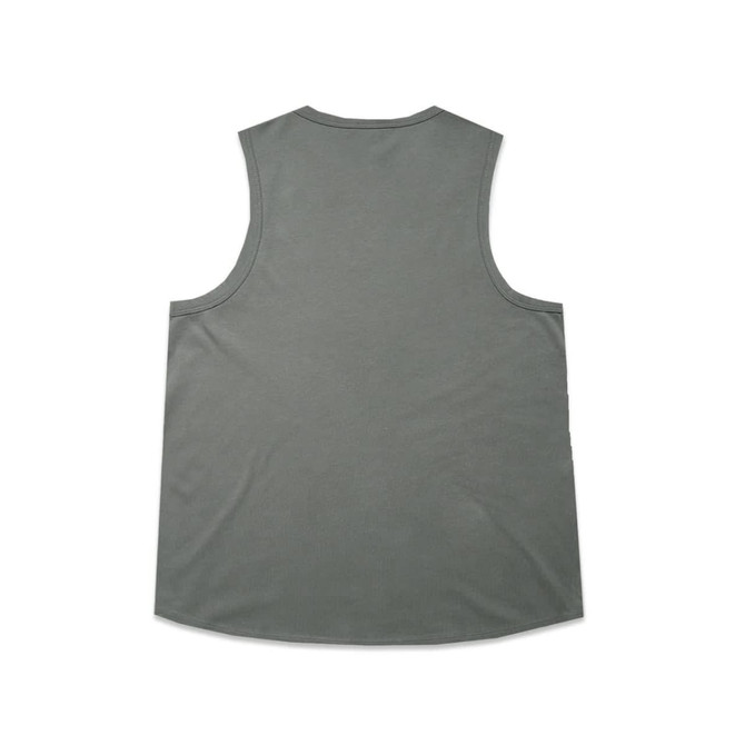A sleeveless tank in a muted green colour with a simple design and a branding logo on the back.