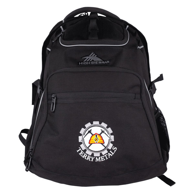 A black backpack featuring multiple compartments, adjustable straps, and a logo on the front.