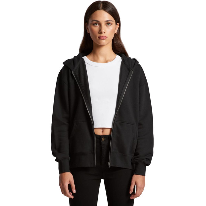 A black zip-up hoodie with a relaxed fit, featuring a hood and a front zipper, worn over a white top.