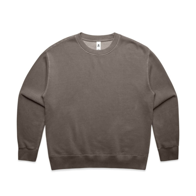 A faded crew jumper in a muted grey colour, featuring a simple design and a logo.