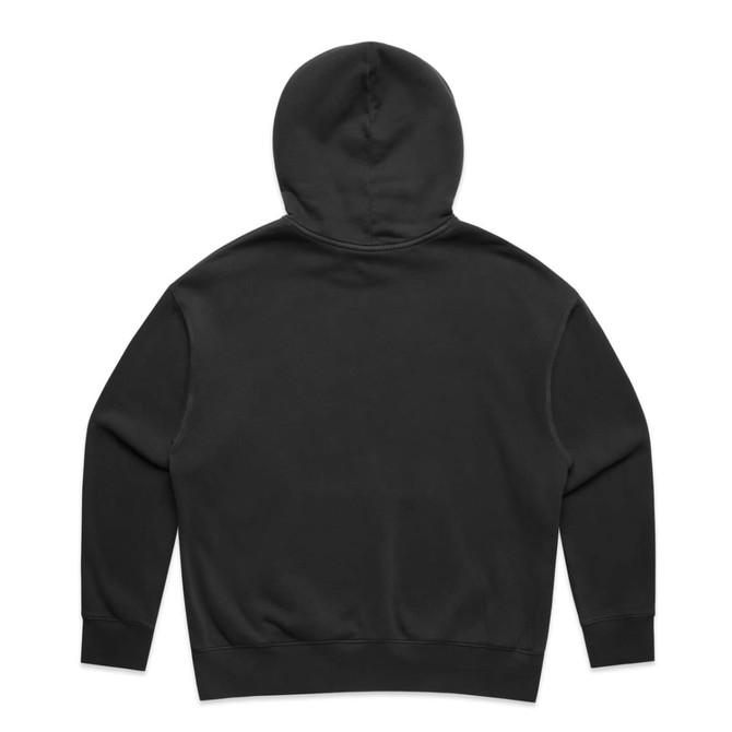 A black hoodie with a hood and long sleeves, featuring a plain back design. It includes a logo.