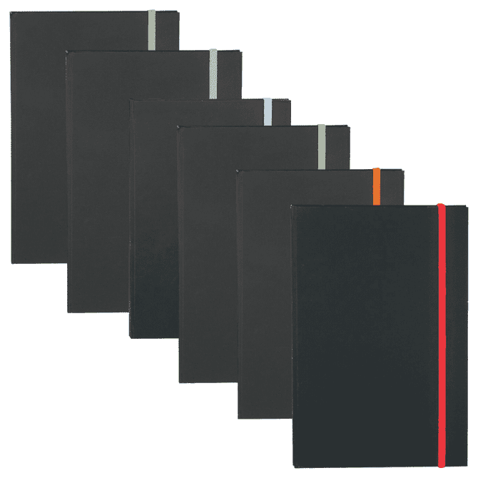 A collection of black journals with vibrant elastic bands in various colours: red, orange, green, blue, purple, and light blue.