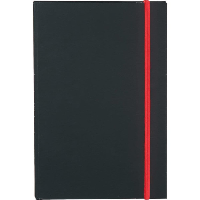 A Colour Pop JournalBook in black with a red elastic closure, featuring a smooth cover design.