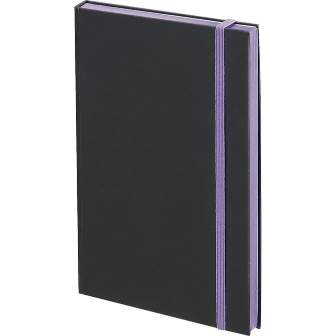 A black journal with a purple elastic band and a sleek design, featuring a logo on the cover.