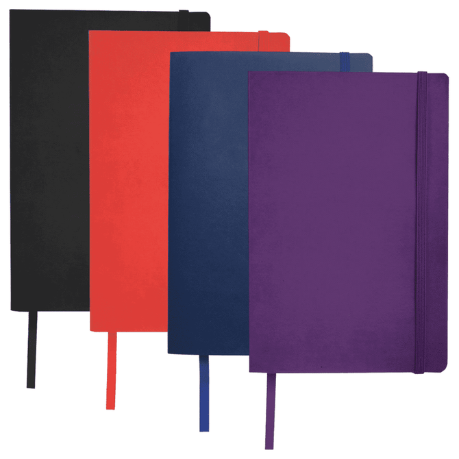 A set of four soft bound journals in black, red, navy, and purple, each with a matching elastic band.
